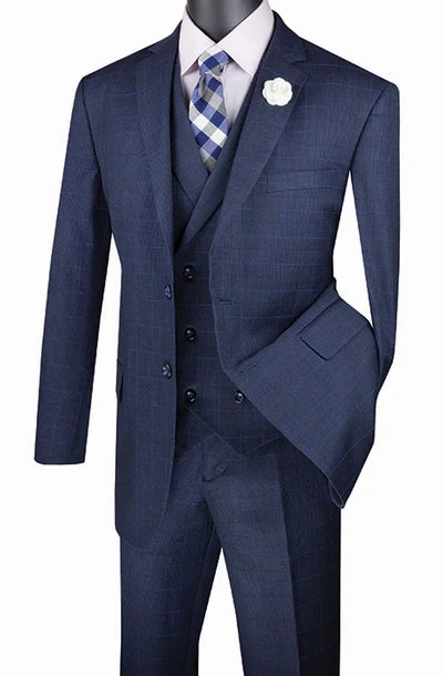 ElegantEcho Collection: Navy 3 Piece Glen Plaid Single Breasted Regular Fit Suit