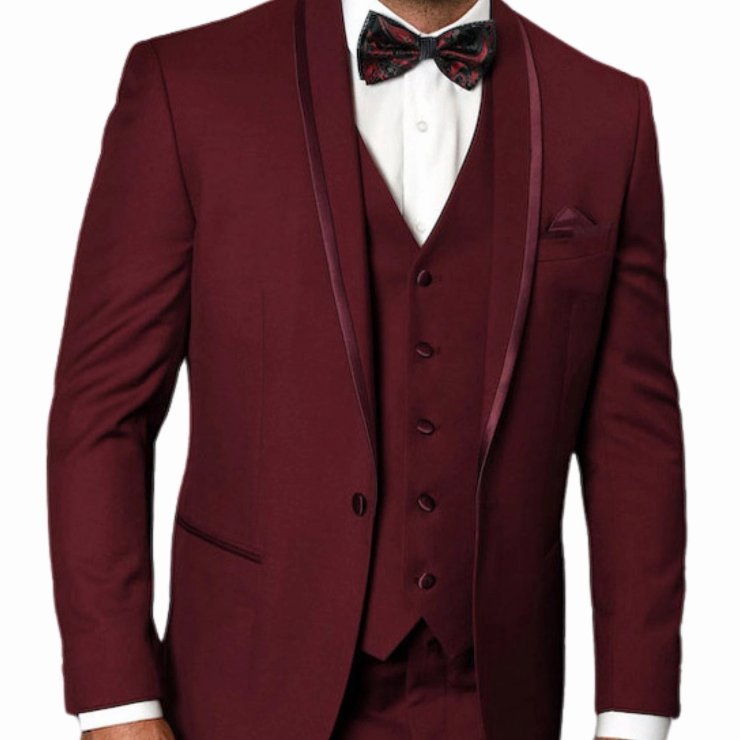 Eliot Collection: 3PC Burgundy Tuxedo with Flat Front Pants and Matching Bow Tie
