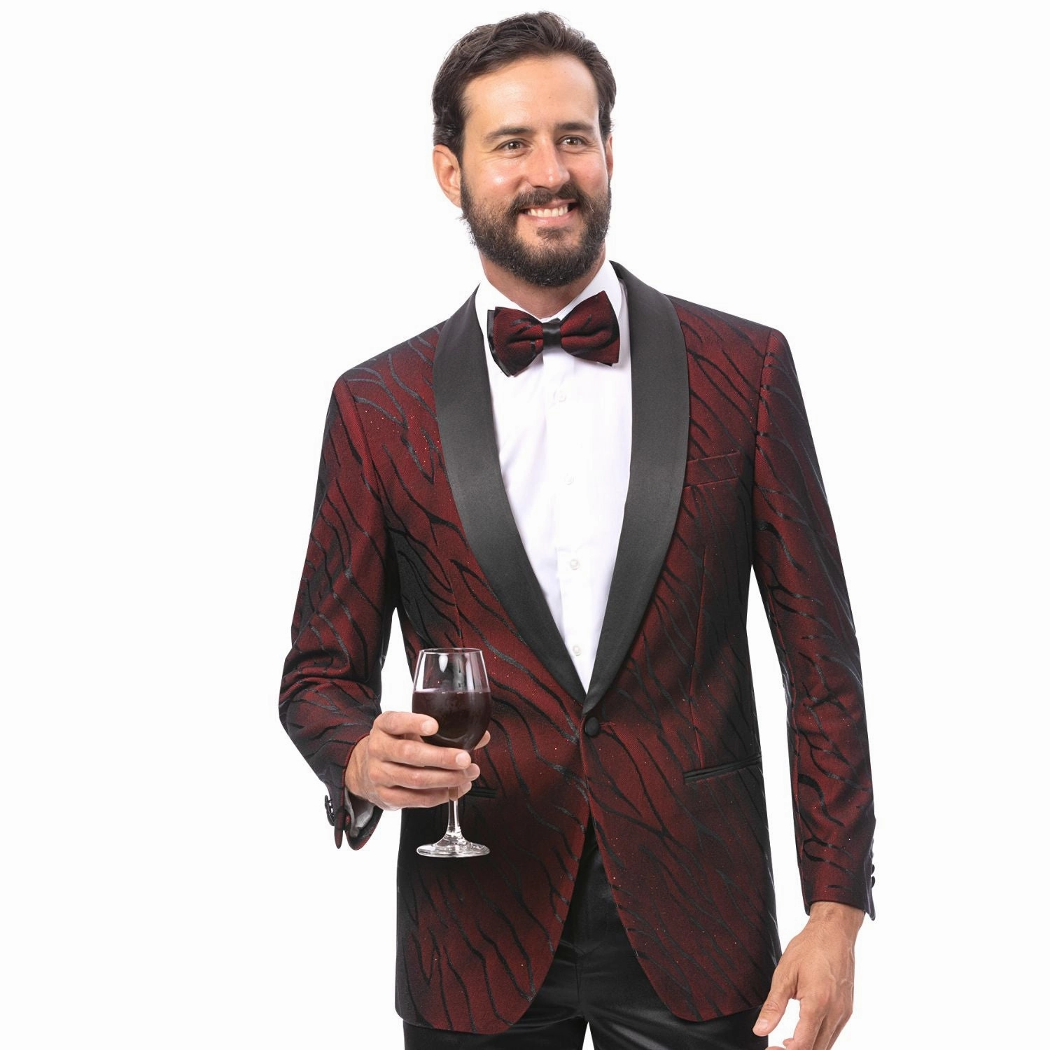 Elite Evening Collection: Men's Red Textured Blazer with Black Satin Lapel