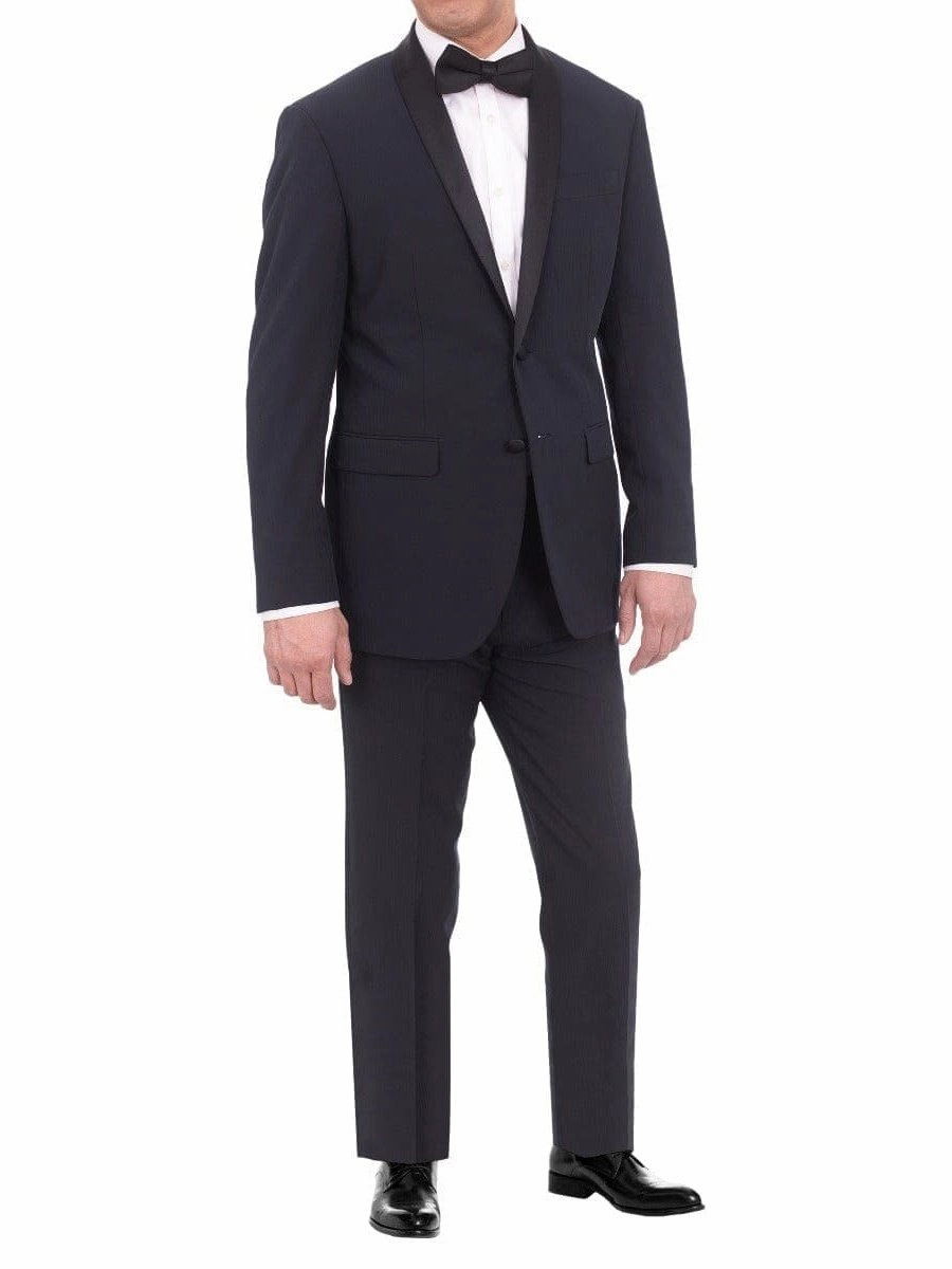 EP Slim Fit Navy Blue Tonal Striped Two Button Tuxedo Suit