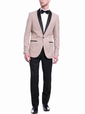 Gino Vitale Mens Slim Fit Khaki Tan One Button Tuxedo Suit With Shawl Lapels