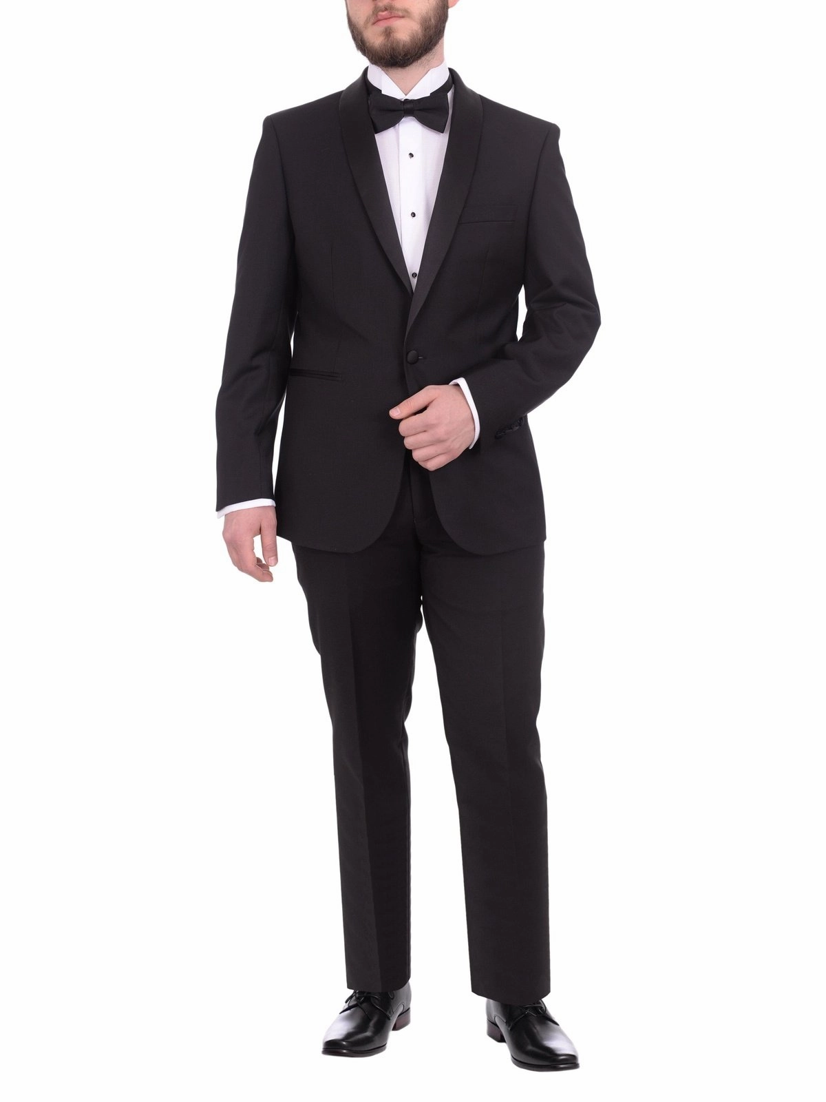 Gino Vitale Slim Fit Solid Black One Button Tuxedo Suit With Satin Shawl Lapels