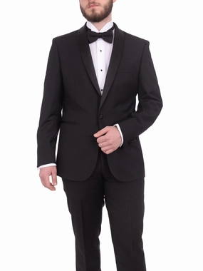Gino Vitale Slim Fit Solid Black One Button Tuxedo Suit With Satin Shawl Lapels