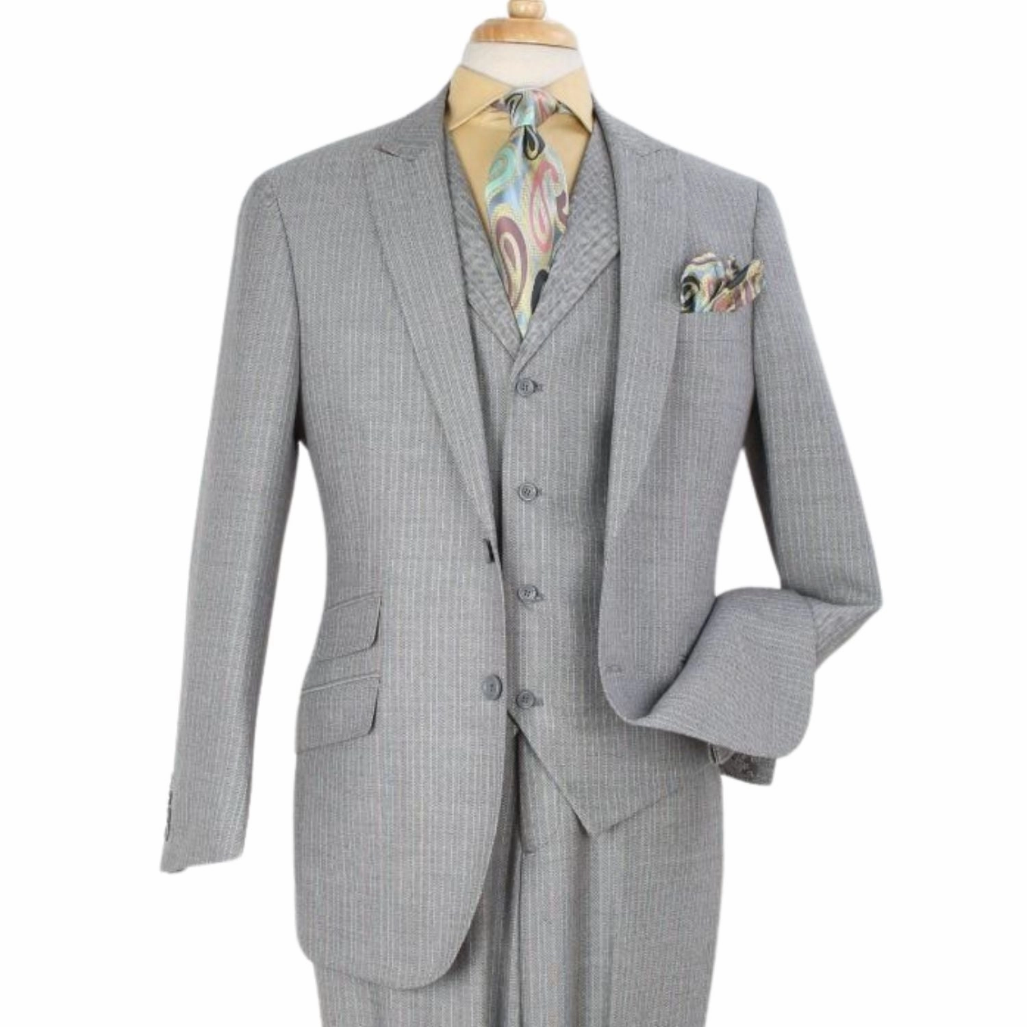 Grey Herringbone High Fashion 3-Piece Wool Suit with Peak Lapel and Vest