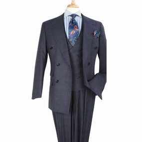 Grey Windowpane 100% Wool High Fashion Three-Piece Suit with Vest