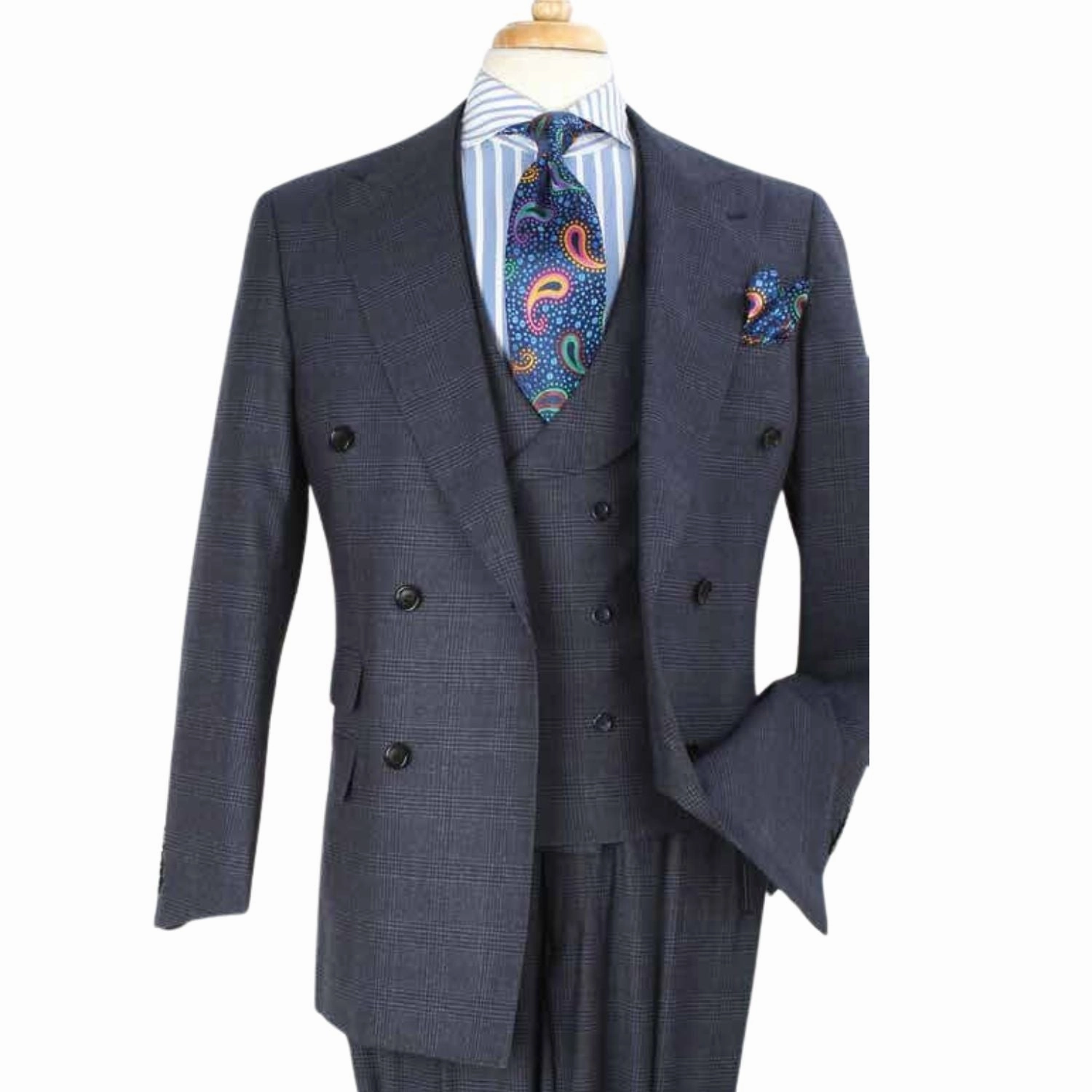 Grey Windowpane 100% Wool High Fashion Three-Piece Suit with Vest