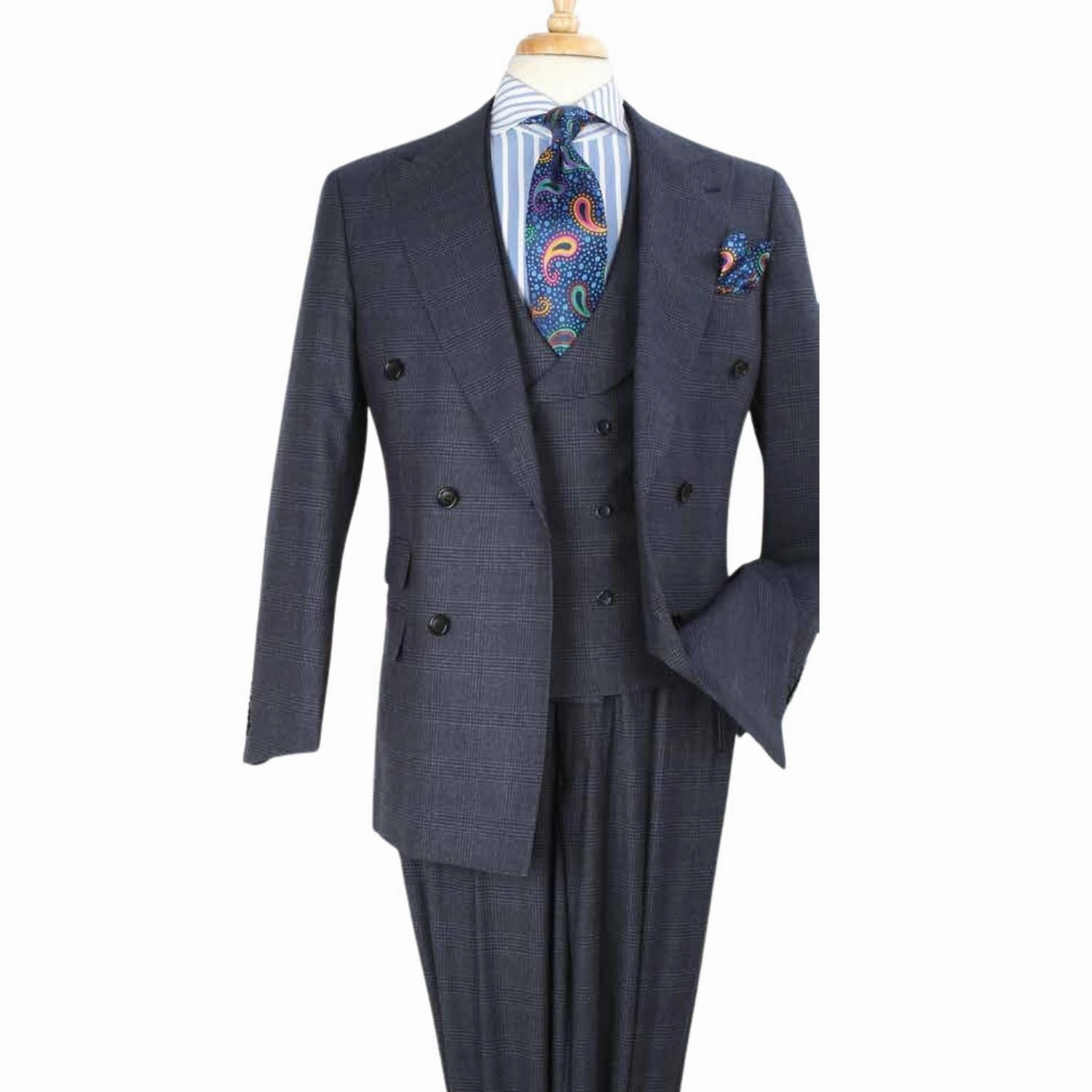 Grey Windowpane 100% Wool High Fashion Three-Piece Suit with Vest