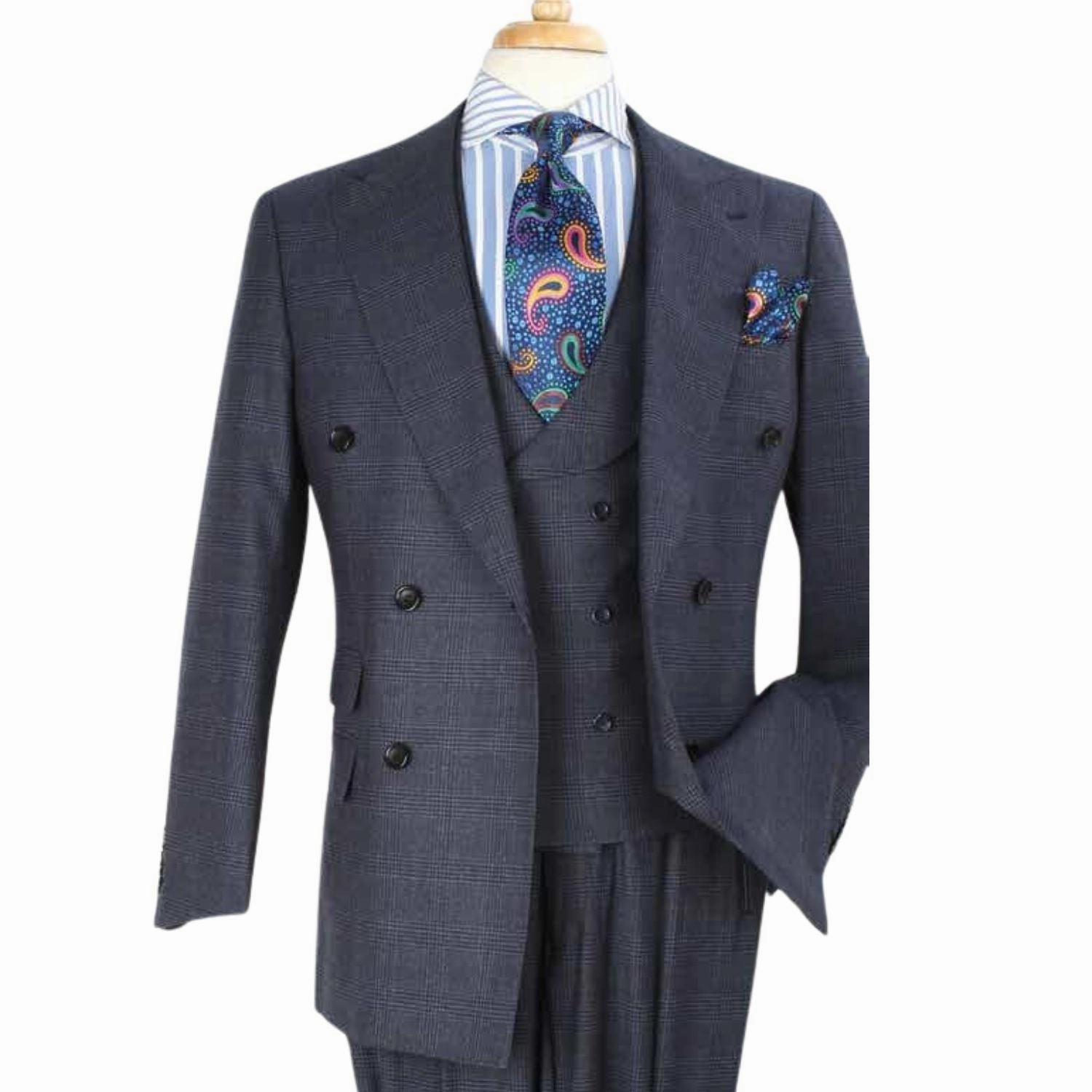 Grey Windowpane 100% Wool High Fashion Three-Piece Suit with Vest