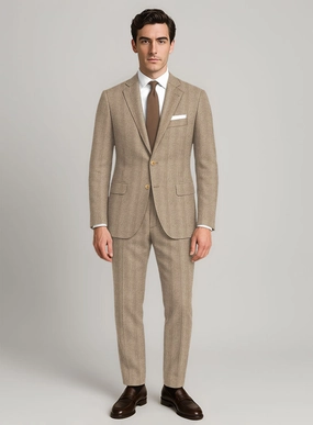 Italian Wide Herringbone Beige Tweed Suit