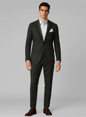 Italian Wide Herringbone Dark Green Tweed Suit