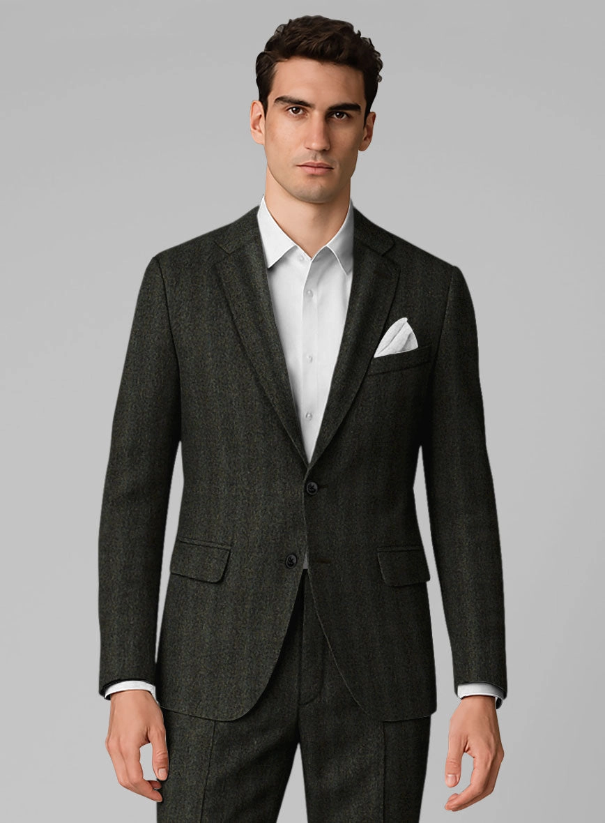 Italian Wide Herringbone Dark Green Tweed Suit
