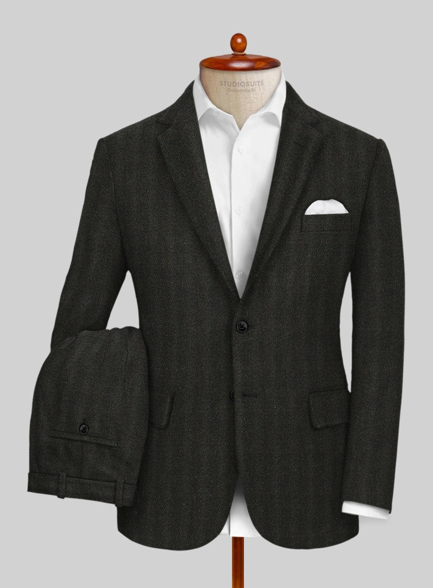 Italian Wide Herringbone Dark Green Tweed Suit