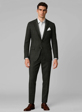 Italian Wide Herringbone Dark Green Tweed Suit