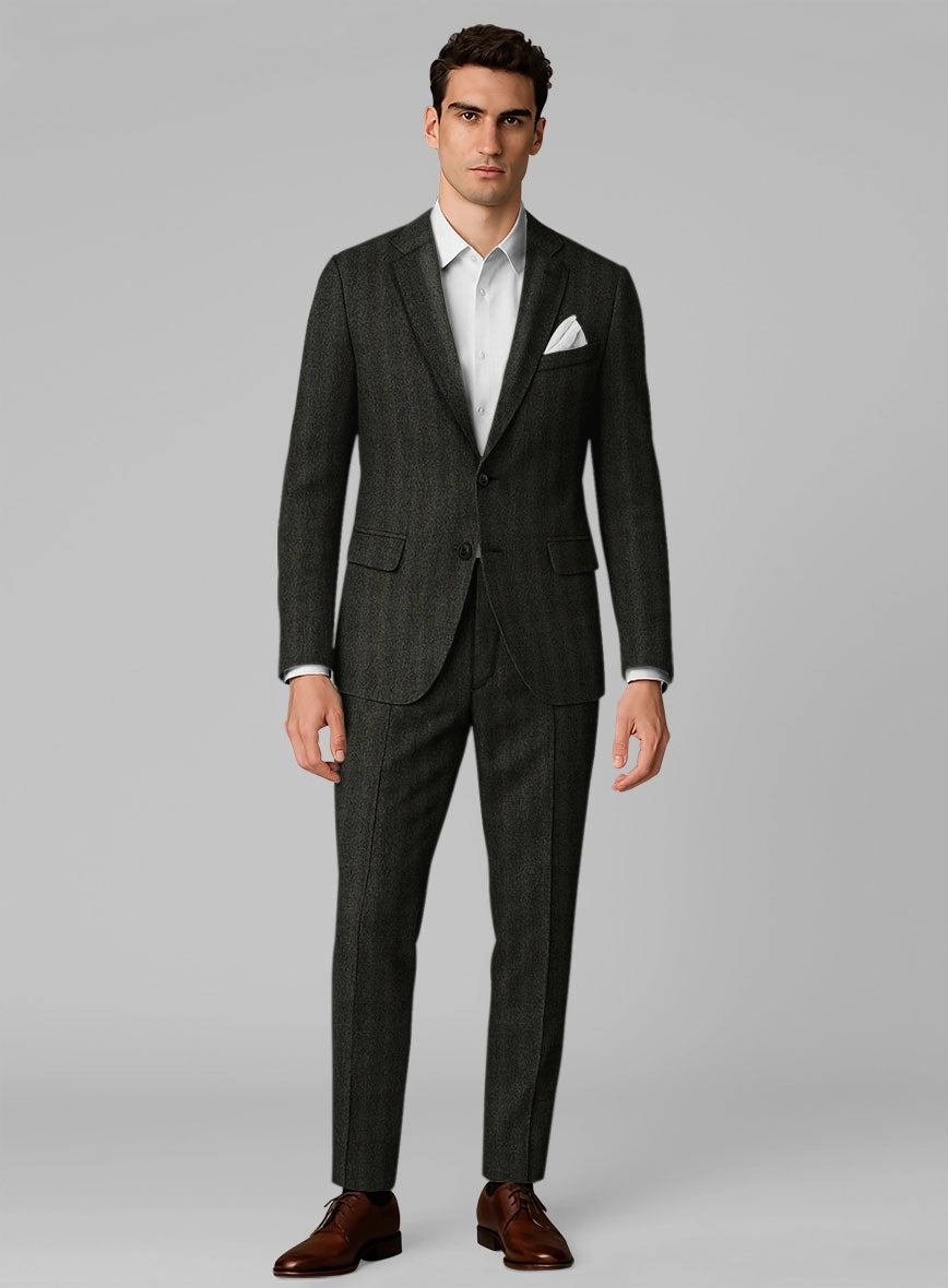 Italian Wide Herringbone Dark Green Tweed Suit