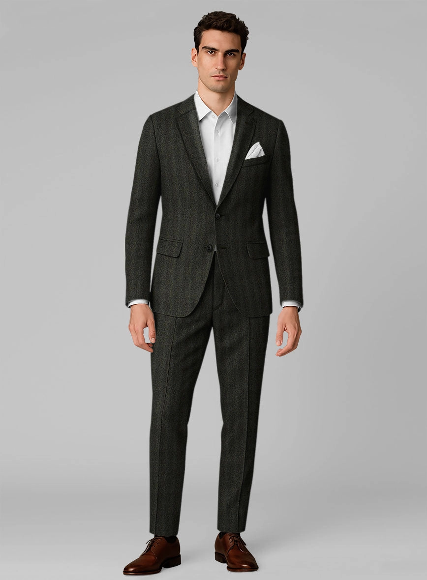 Italian Wide Herringbone Dark Green Tweed Suit