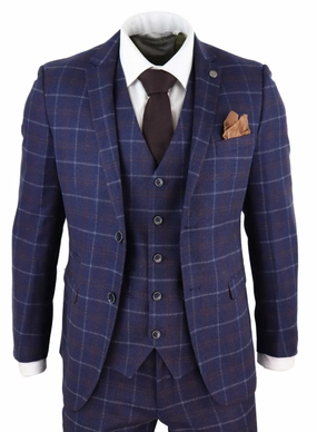 Kenneth 3 Piece Blue Suit Tweed Check