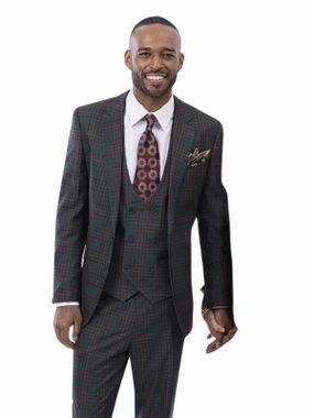 Kent & Park Green and Red Window Pane Regular Fit Two Button 3 Piece Suit