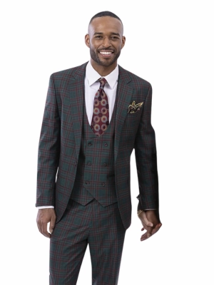 Kent & Park Green and Red Window Pane Regular Fit Two Button 3 Piece Suit