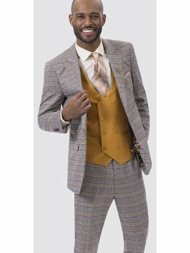 Kent & Park Men's Gray & Gold Plaid Classic Fit Three Piece Suit with Peak Lapels