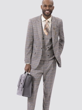 Kent & Park Men's Gray & Gold Plaid Classic Fit Three Piece Suit with Peak Lapels