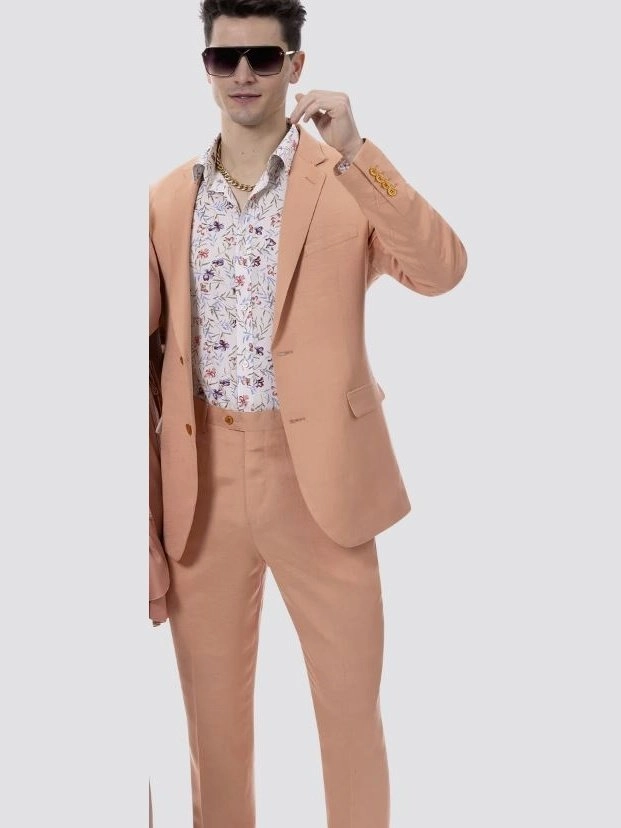 Kent & Park Mens Solid Salmon Orange Classic Fit Linen Blend 2 Piece Suit