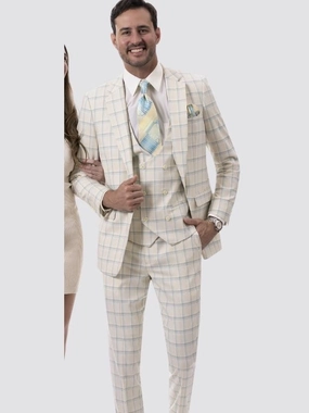 Kent & Park Mens Tan & Teal Plaid Classic Fit 3 Piece Suit