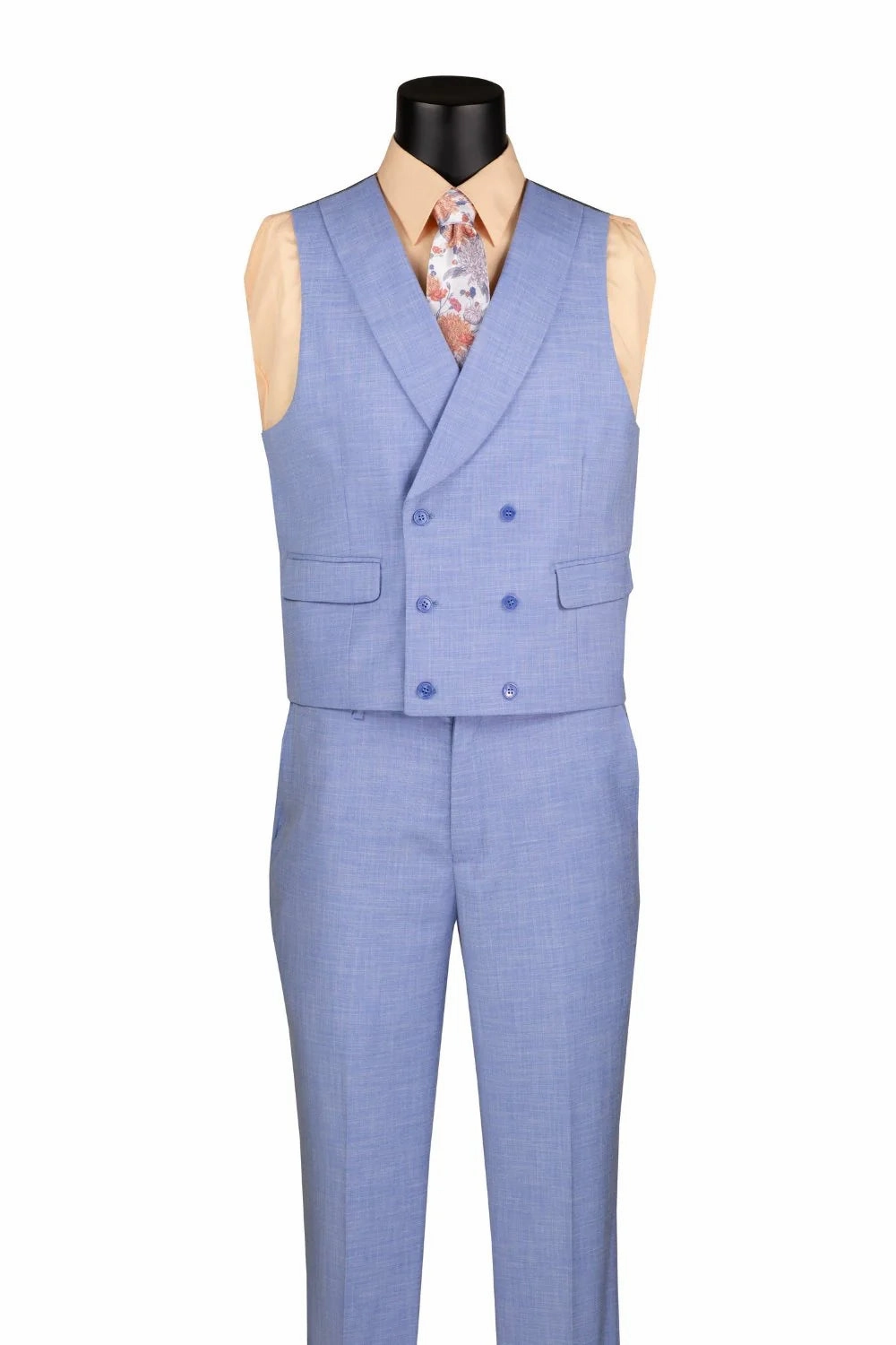 Light Blue Modern Fit 3-Piece Suit with Lapel Vest & Adjustable Pants