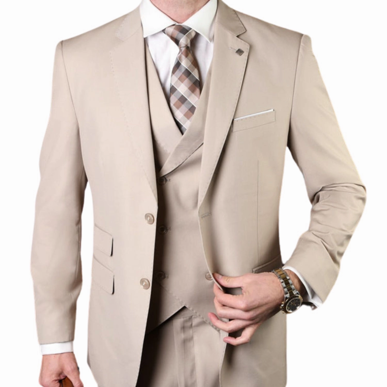 LunarLuxe Collection: Tan 3-Piece Suit with Double-Breasted Vest and Pleated Pants - Classic Fit