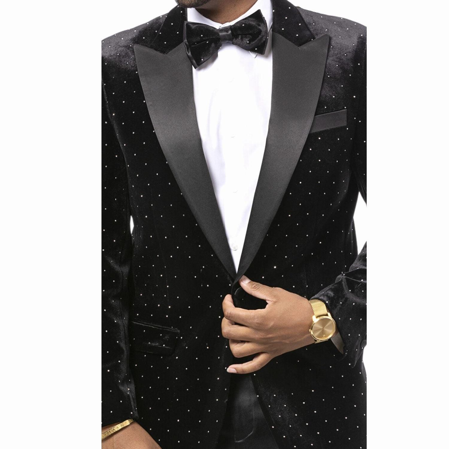 Luxurious Black Velvet Blazer with Satin Lapel and Diamond Stud Accents
