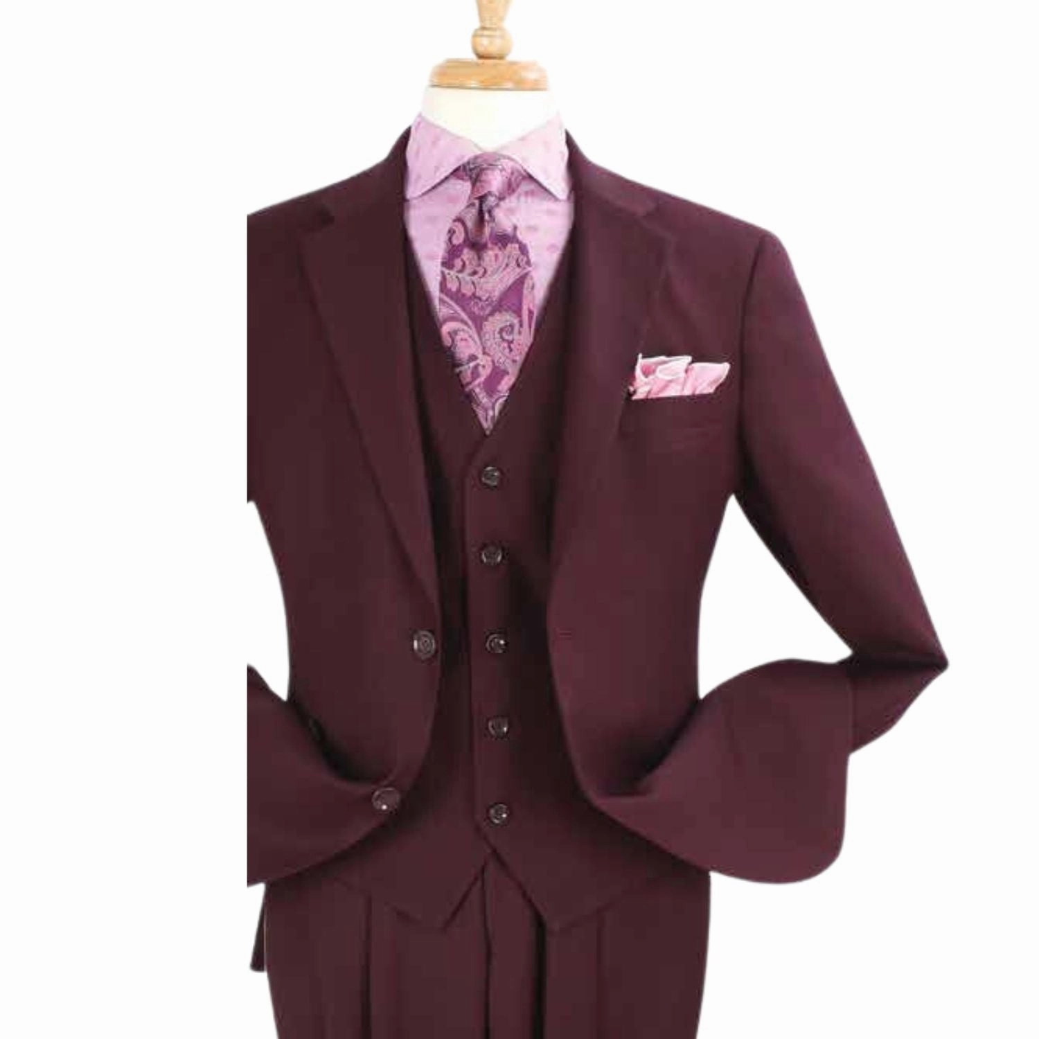 Luxury Wool Feel Burgundy Classic Fit 3-Piece Suit Set with Vest