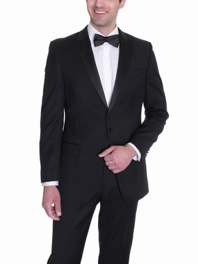 Manzini Mens Black 100% Wool Classic Fit Tuxedo Suit With Satin Peak Lapels