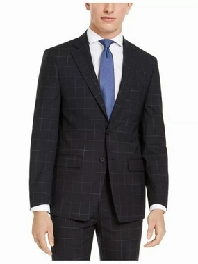 Men's Calvin Klein Navy Blue Windowpane Slim Fit Wool Suit
