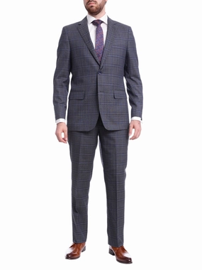 Men's Classic Fit Medium Blue Plaid Two Button Wool Suit