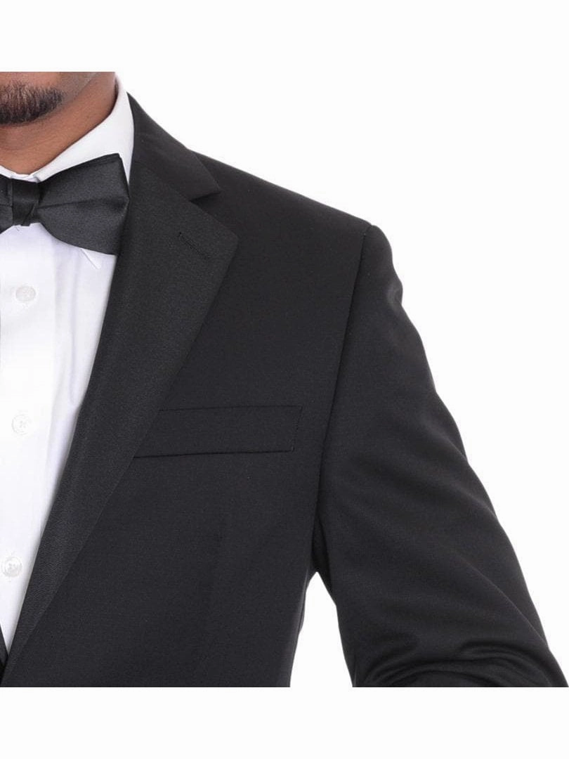 Men's Classic Fit Solid Black Two Button 100% Wool Formal Tuxedo Suit