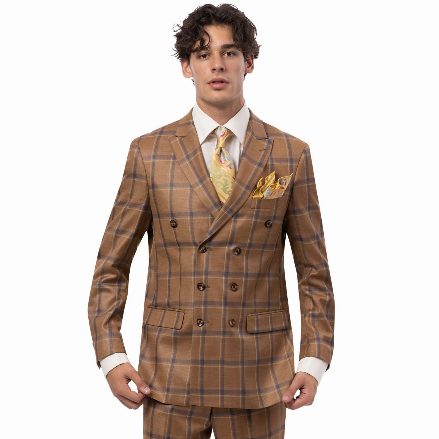 Men's Double-Breasted Checkered Suit In Gold