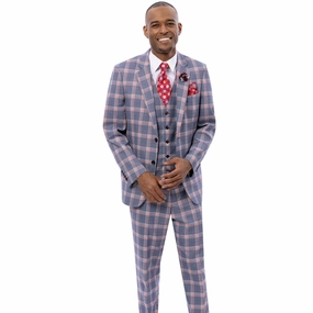 Men's Plaid Double-Breasted Suit In Grey/Red