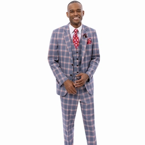 Men's Plaid Double-Breasted Suit In Grey/Red