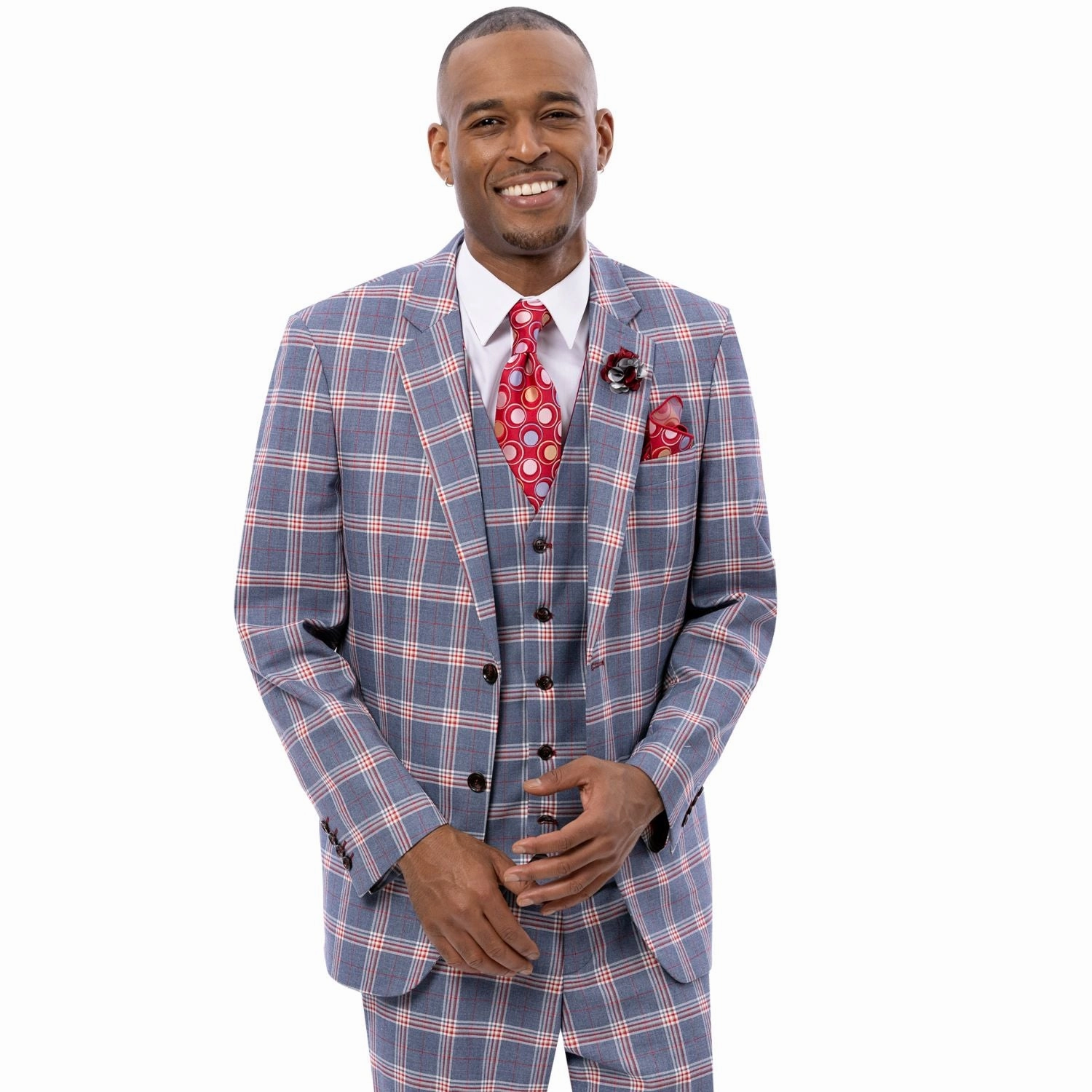 Men's Plaid Double-Breasted Suit In Grey/Red