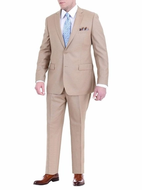 Men's Regular Fit Tan Light Brown Two Button 2 Piece 100% Wool Suit