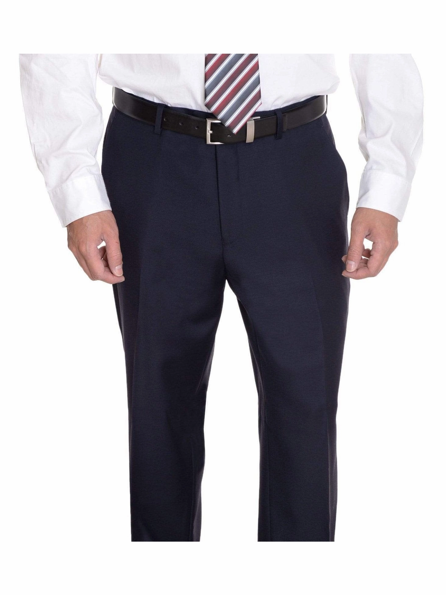 Men's Solid Navy Blue Double Breasted Modern Fit 2 Piece Flat Front Wool Suit