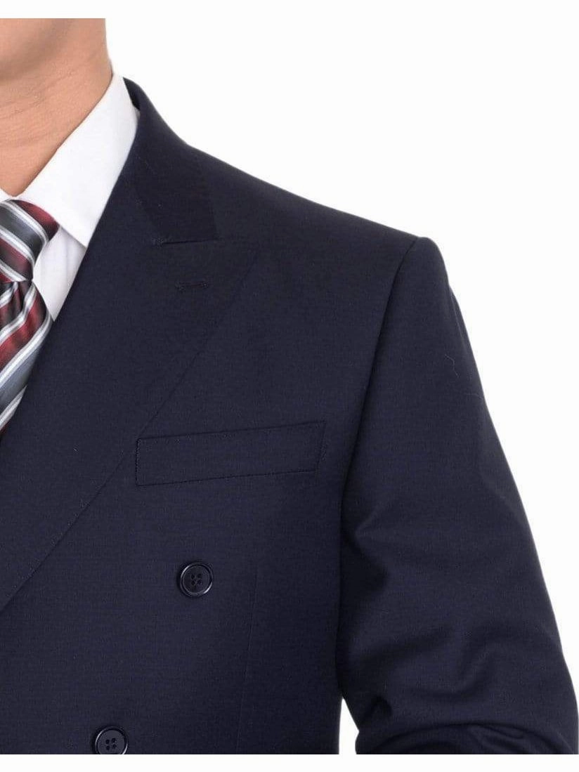 Men's Solid Navy Blue Double Breasted Modern Fit 2 Piece Flat Front Wool Suit