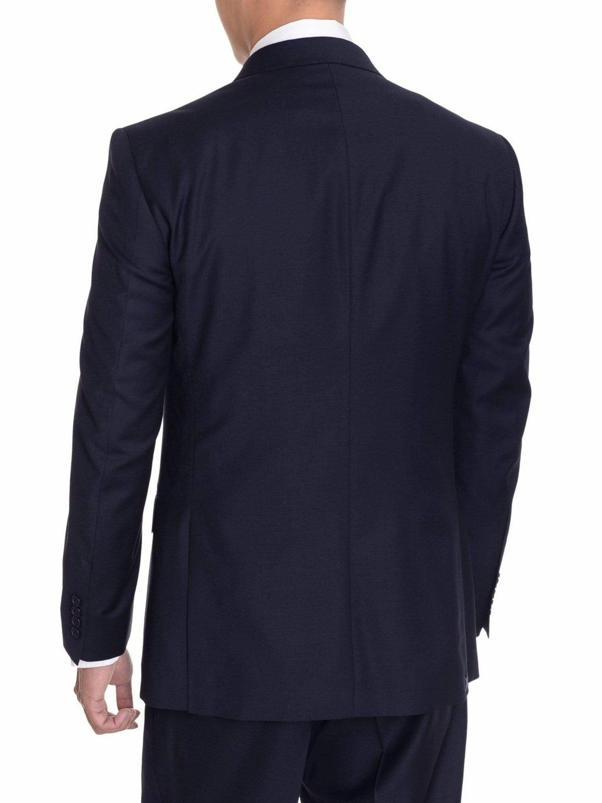 Men's Solid Navy Blue Double Breasted Modern Fit 2 Piece Flat Front Wool Suit