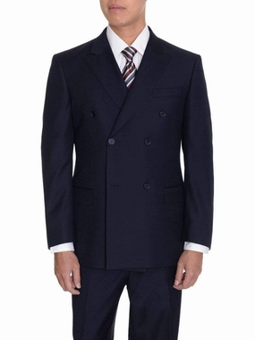 Men's Solid Navy Blue Double Breasted Modern Fit 2 Piece Flat Front Wool Suit
