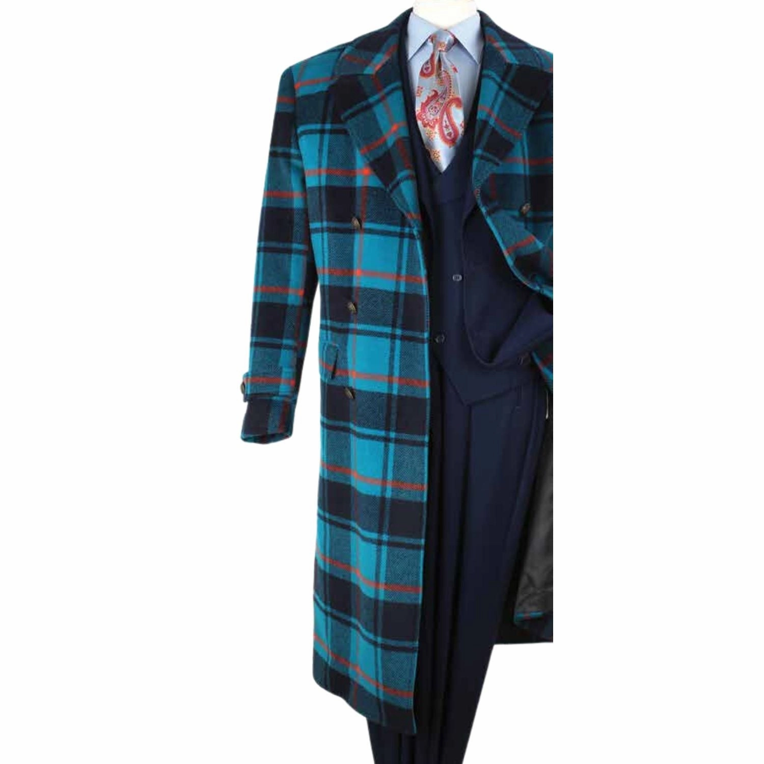 Men's Window Pane High Fashion Double-Breasted Wool Coat In Teal Green