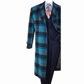 Men's Window Pane High Fashion Double-Breasted Wool Coat In Teal Green
