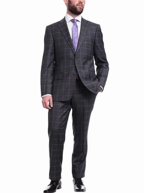 Mens Classic Fit Gray With Purple Windowpane Two Button Wool Suit