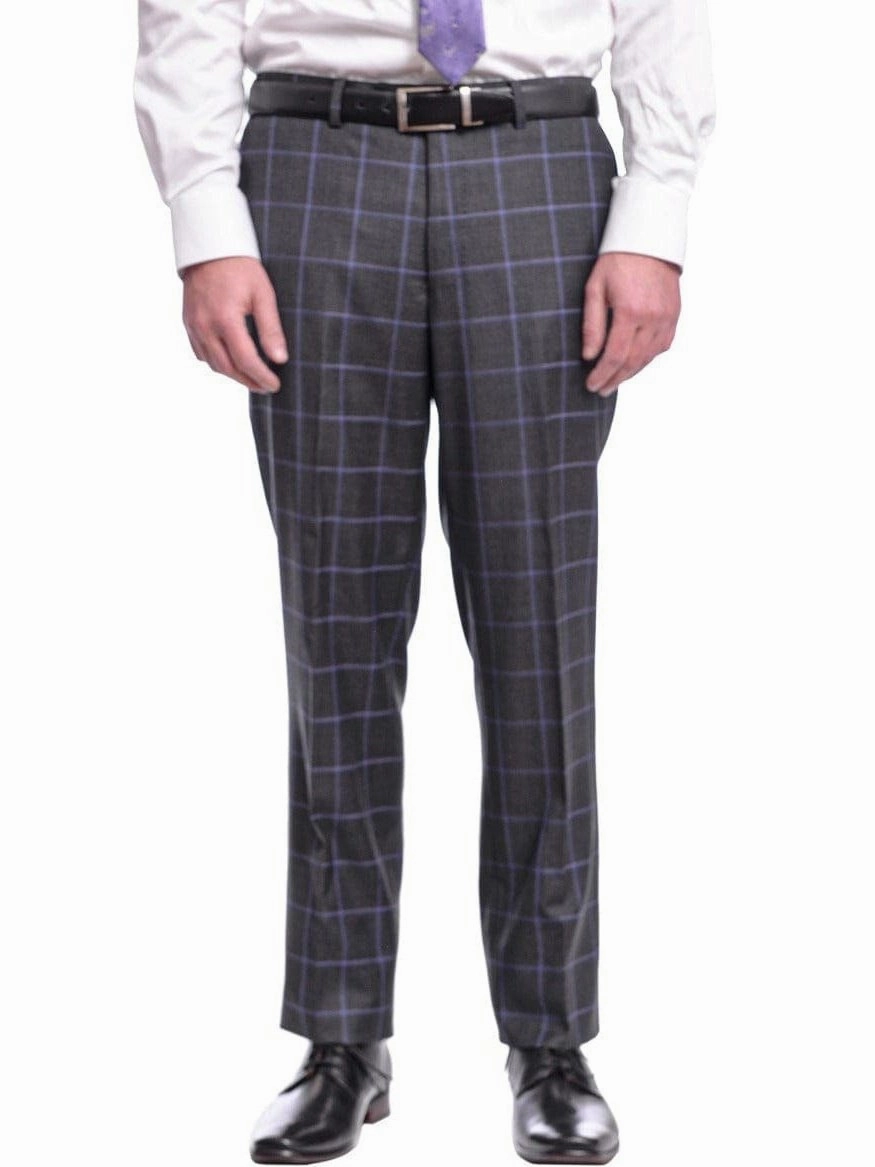 Mens Classic Fit Gray With Purple Windowpane Two Button Wool Suit
