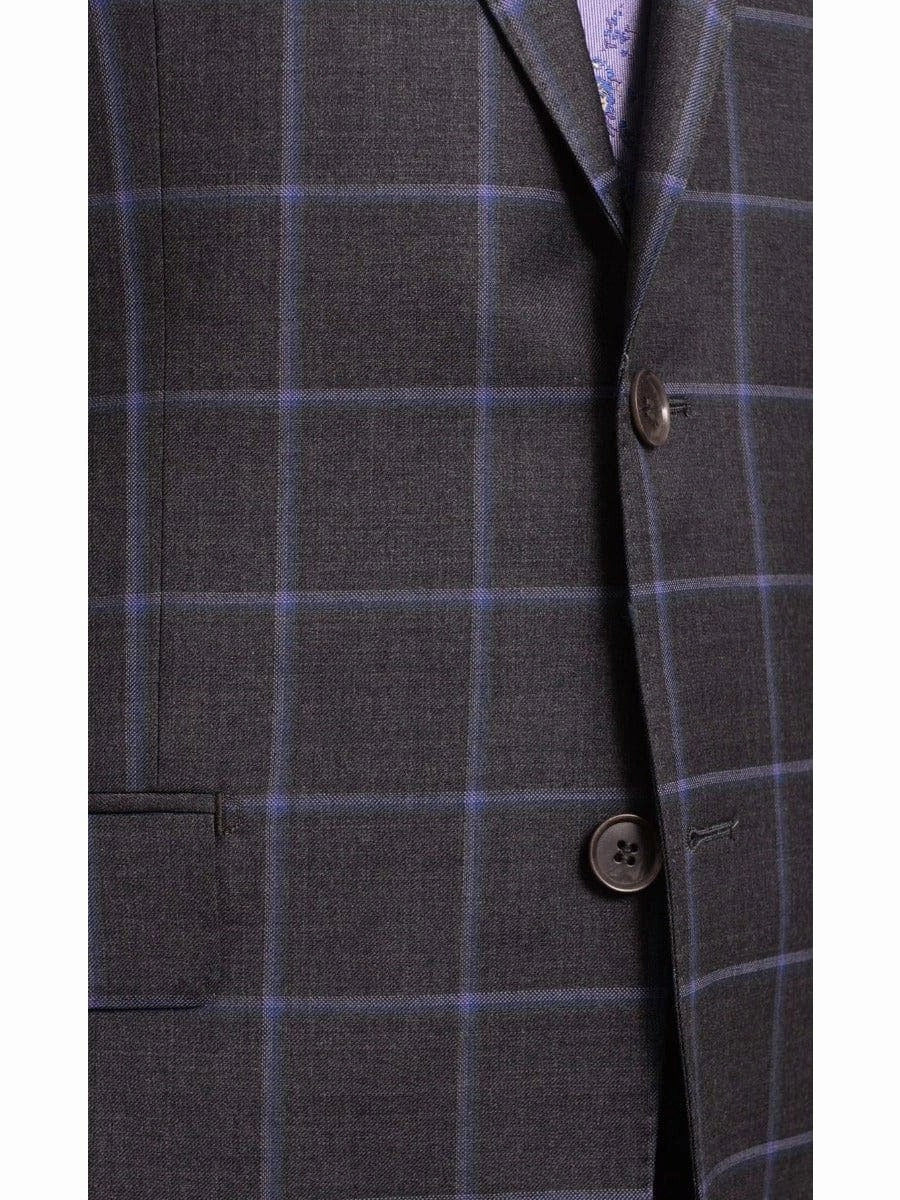Mens Classic Fit Gray With Purple Windowpane Two Button Wool Suit