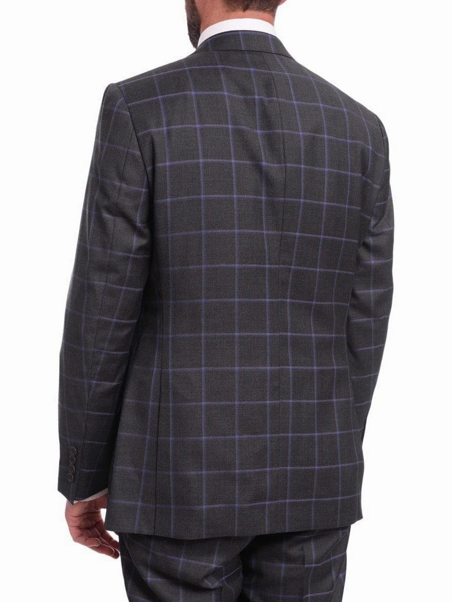 Mens Classic Fit Gray With Purple Windowpane Two Button Wool Suit