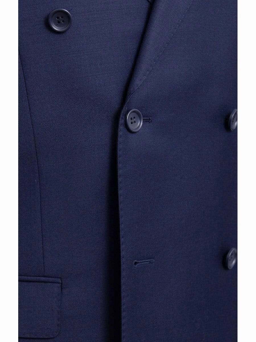 Mens Classic Fit Solid Navy Blue Double Breasted Wool Suit Peak Lapels